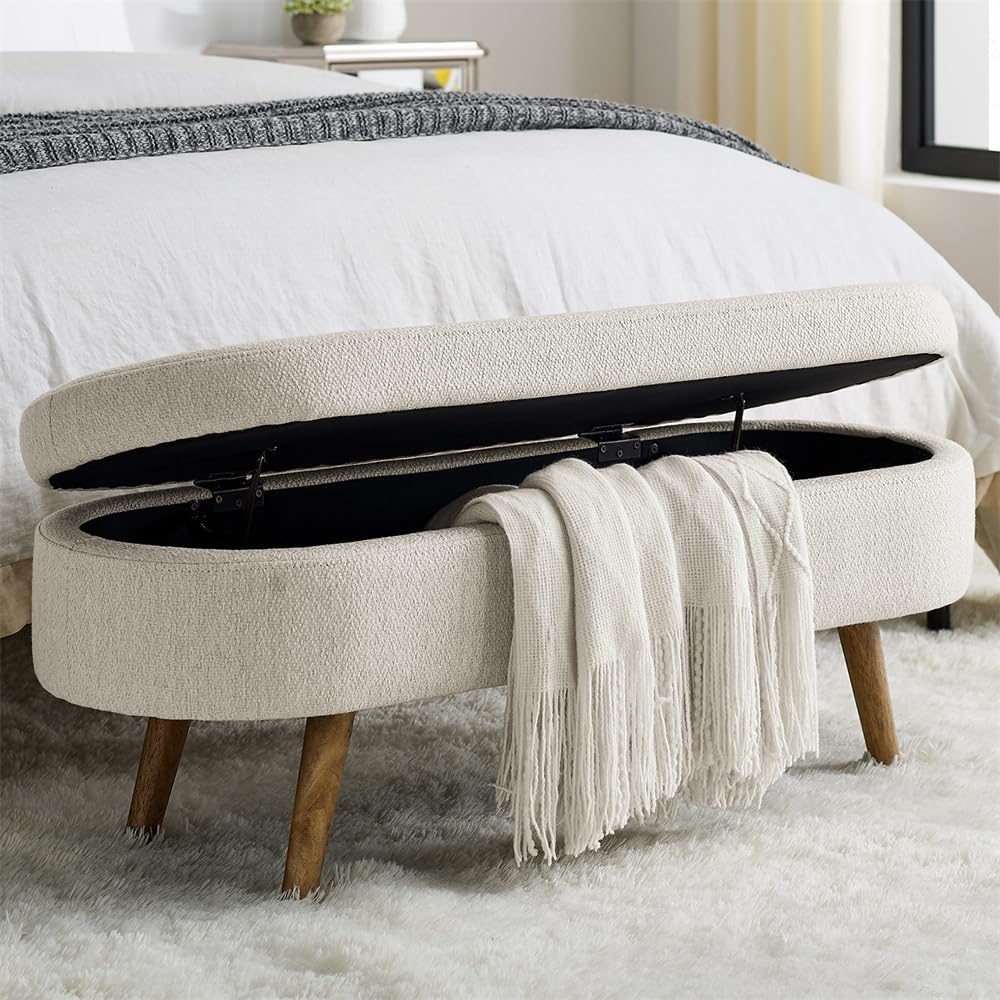 Linen Storage Bench with Flip Top, Safety Hinge, Beige(Beige)
