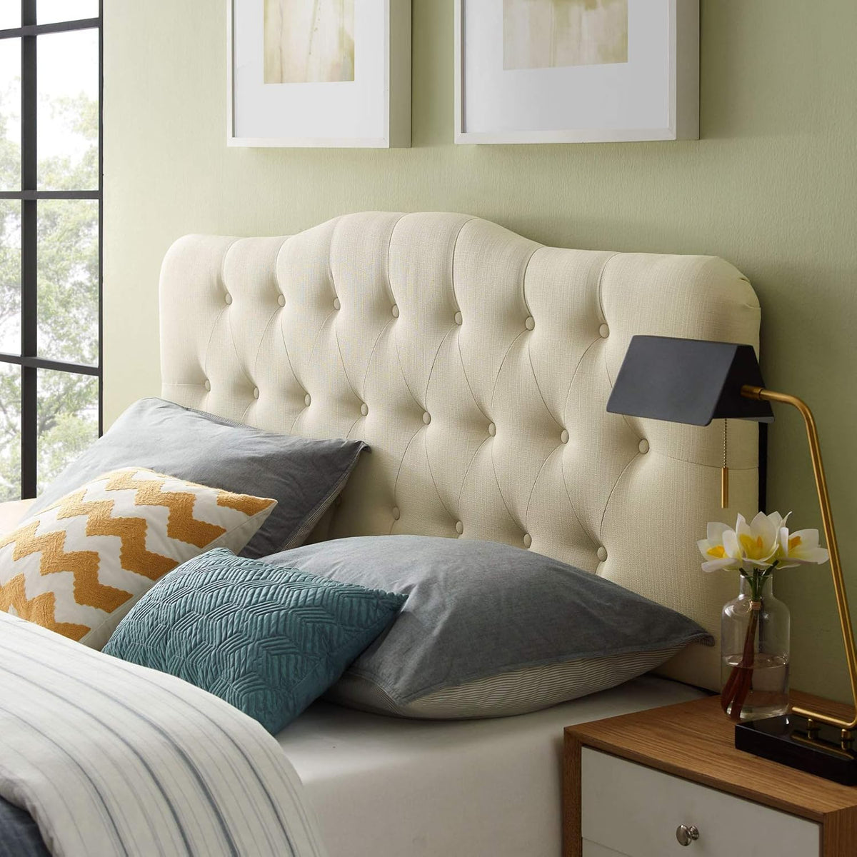 Tufted Linen Upholstered Full Headboard, Button Design, Ivory(Ivory,Full)